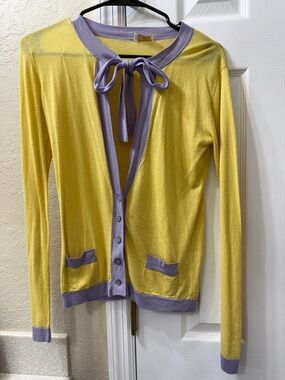 Valentino Vintage Yellow Cardigan with Lilac Trim and Bow